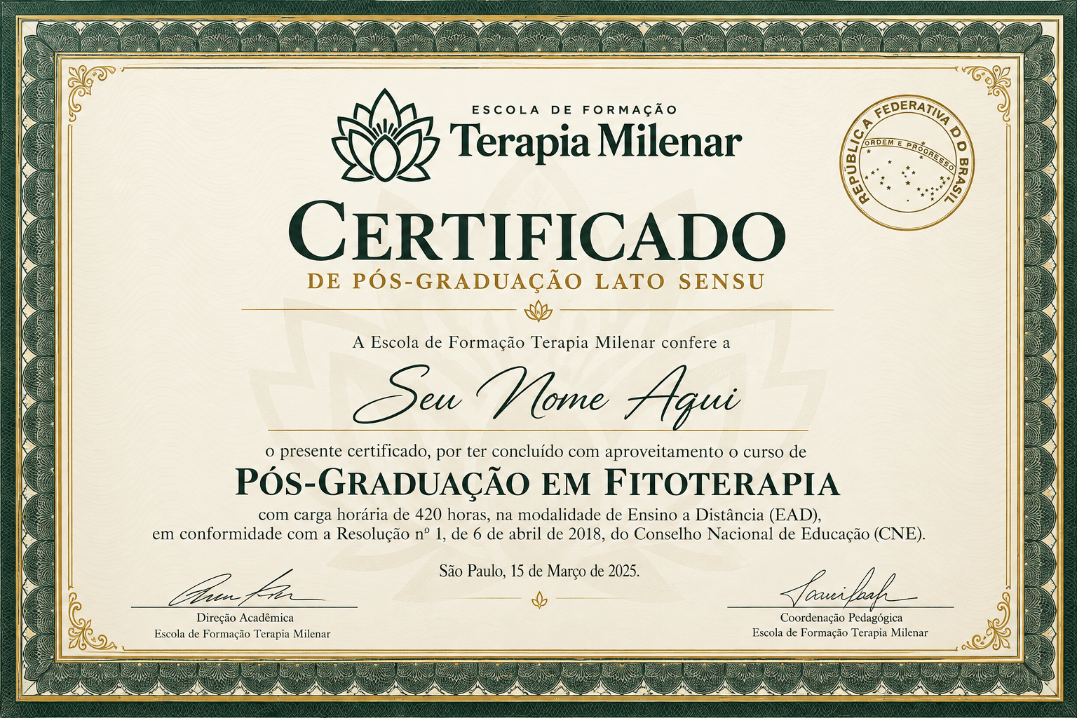 Modelo ilustrativo do certificado de pós-graduação em Fitoterapia